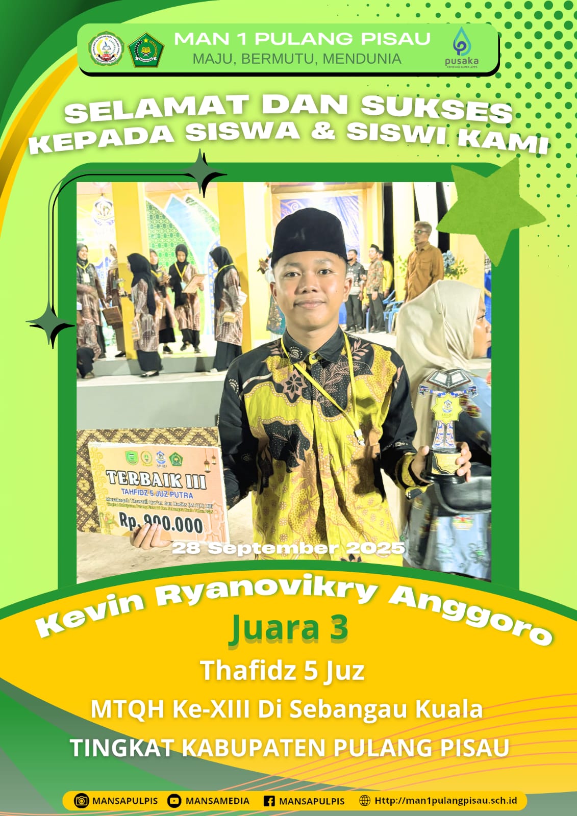 SISWA MAN 1 PULANG PISAU PLUS KETERAMPILAN MERAIH JUARA 3 DALAM MTQH KE-XIII TINGKAT KABUPATEN PULANG PISAU TAHUN 2025